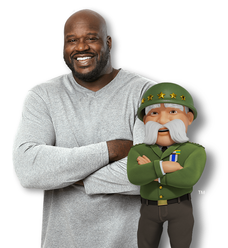 The General Car Insurance Homepage - Shaq and The General character smiling, waving.